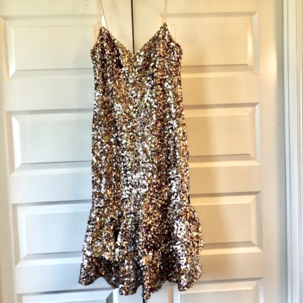 New ADRIANNA PAPELL Metallic Sequin Strappy Tiered Midi Dress 10P MSRP $245 - Picture 2 of 6